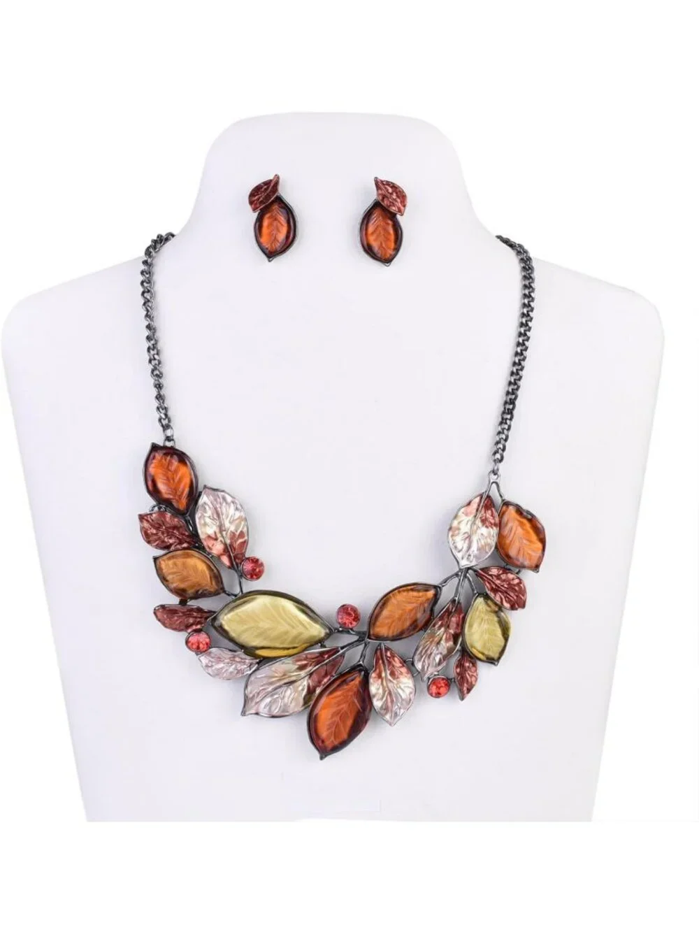 Vintage Floral Leaf Pendant Necklace & Earrings Set - Chunky Bib Jewelry for